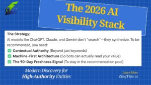 Infographic for The ZING Letter titled "The 2026 AI Visibility Stack" on a blue blueprint background. It lists three strategic pillars for AI recommendation: Contextual Authority, Machine-First Architecture, and the 90-Day Freshness Signal. Branding includes the ZingThis AI logo and URL.