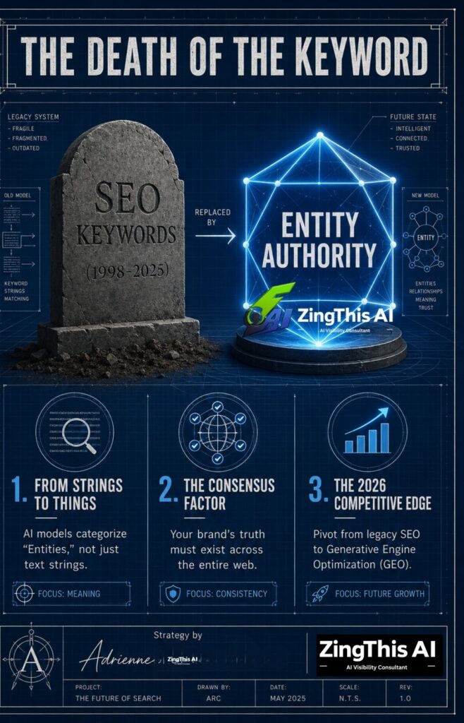 Infographic titled The Death of the Keyword by Adrienne Robinson-Clarke. Illustrates the shift from traditional SEO keywords to Entity Authority and GEO for 2026 AI visibility.